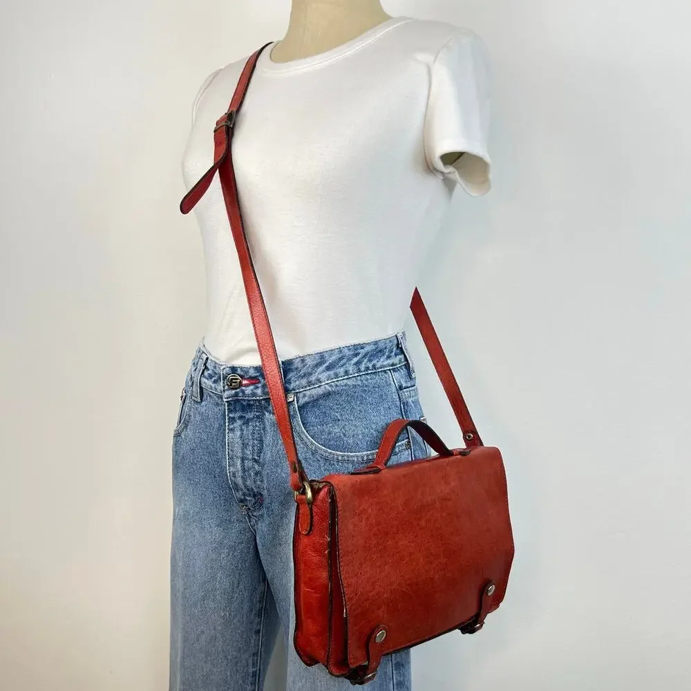 Vintage Red Genuine Leather Classic Cross-Body Messenger Bag Purse